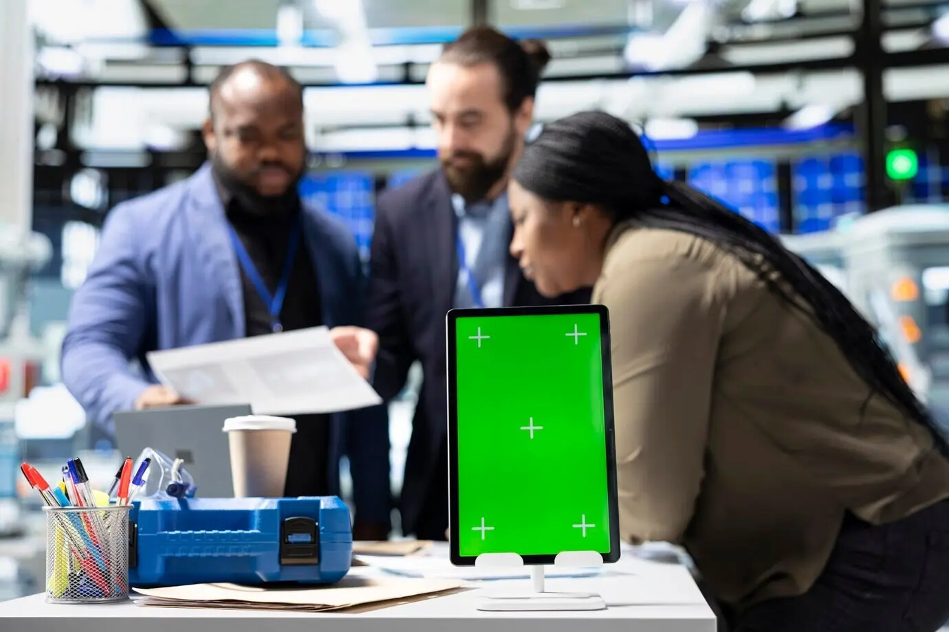 Члены команды в костюмах контролируют работу на фабрике рядом с зелёным экраном.